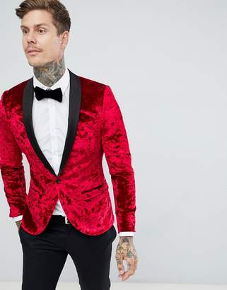 Twisted Tailor super skinny tuxedo blazer in red crushed velvet
