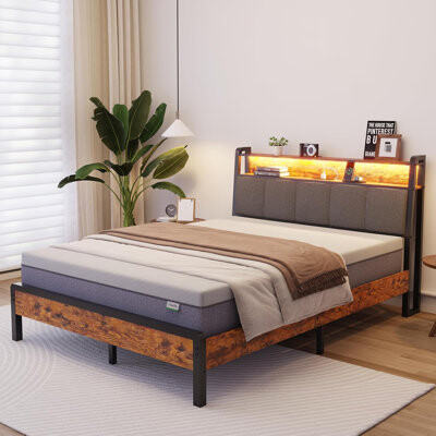 Blooming Full Size Metal Bed Frame With LED Headboard, USB Charging Station And Storage Shelves, Noise-Free Slat Support