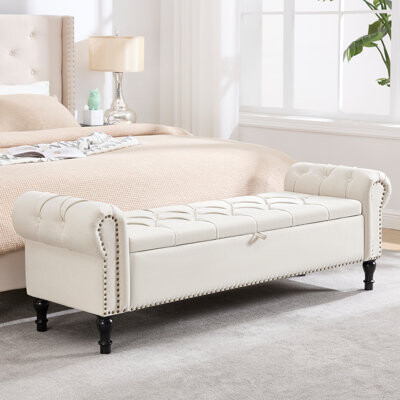 Upholstered Storage Bench with Curved Arms