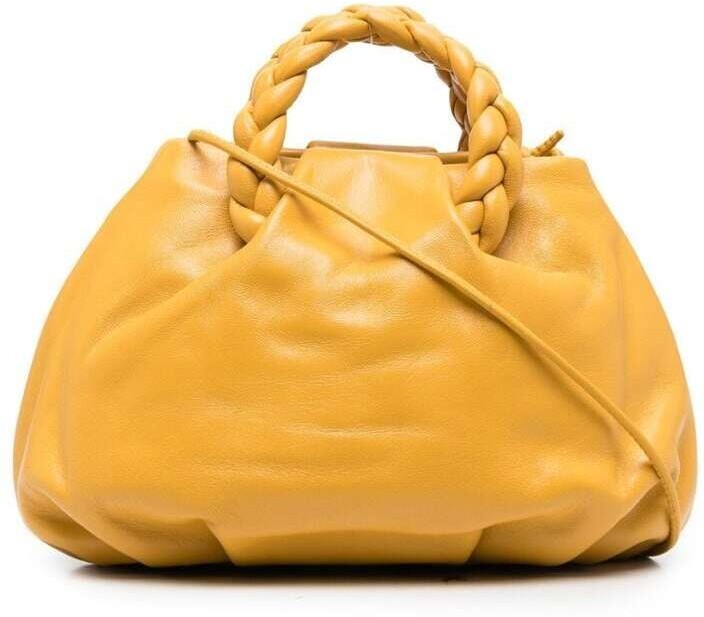Hereu Bombon Braided Mustard Yellow Handbag In Calf Leather With
