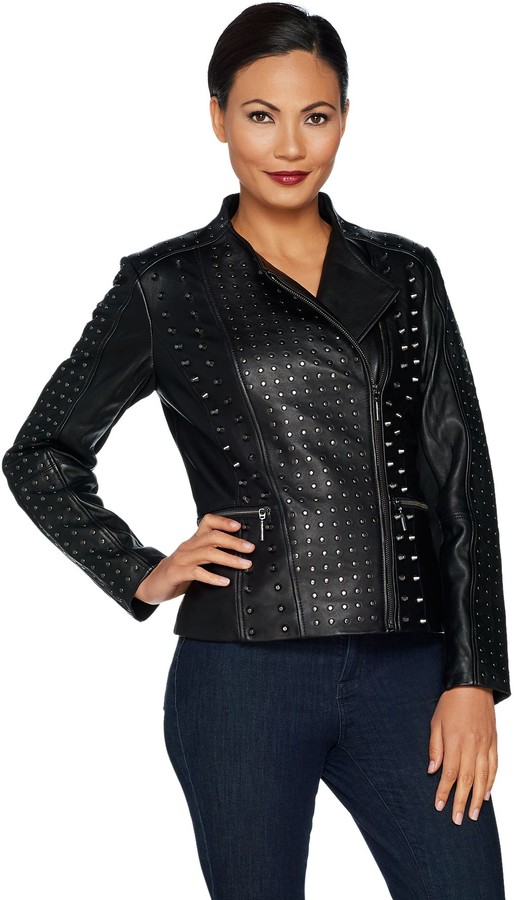 H by Halston Lamb Leather Studded Motorcycle Jacket - ShopStyle Clothes ...