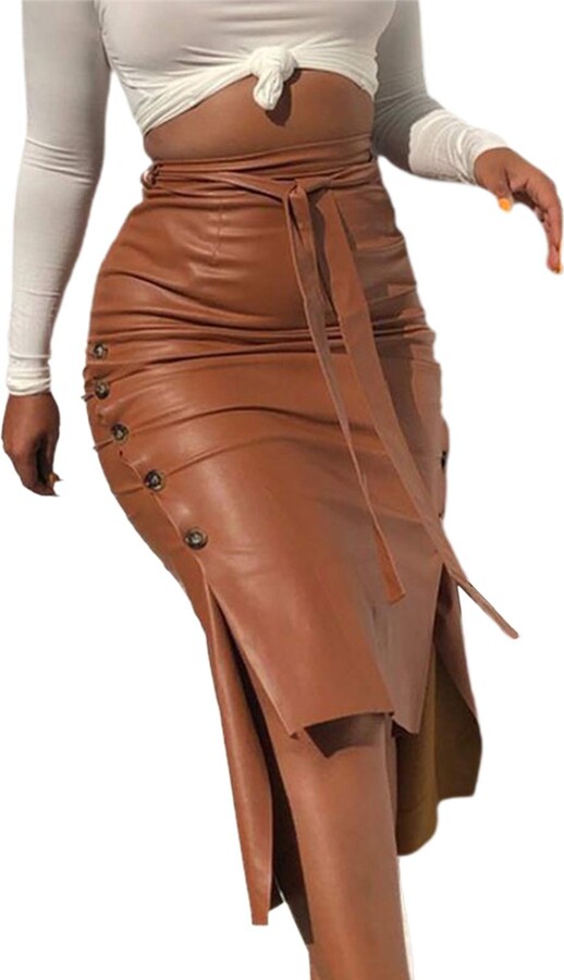 Suede High Waisted Button Front Tie Belt Bodycon Midi Pencil Stretch Party Skirt 