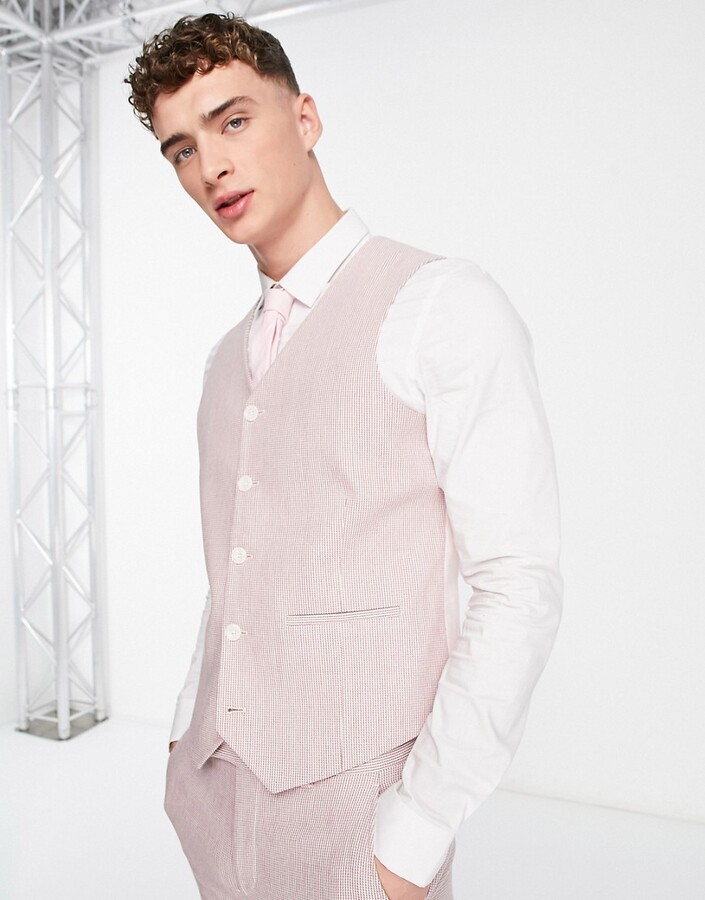 ASOS DESIGN super skinny wool mix suit vest in pink puppytooth check -  ShopStyle