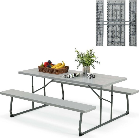 Costway CostwayFoldingPicnicTablewith2BenchesAllWeatherWood-likeTabletopUmbrellaHoleGrey