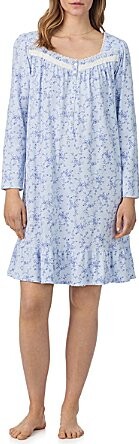 Eileen West Floral Print Long Sleeve Sweetheart Neck Peached Jersey Knit Short Nightgown