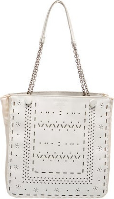 Prada Shoulder Bag Vintage White Patent Leather Graphic Print Silver-Tone Hardware Chain-Link Shoulder Straps Lasercut Accents Jacquard Lining & Single Interior Pocket Snap Closure at Top Includes Dust Bag
