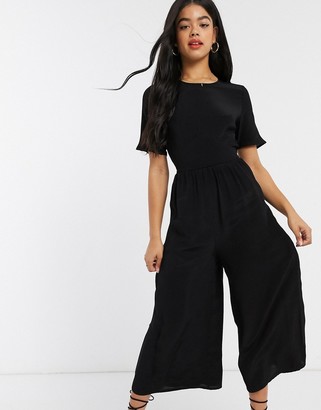 asos design tea jumpsuit with ruched sleeve detail