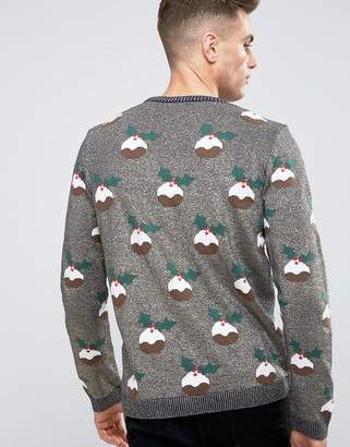 ASOS Holidays Sweater with Xmas Puddings in Metallic Yarn