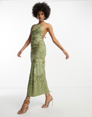 ASOS Tall ASOS DESIGN Tall embellished high neck midi dress with mirror beading detail in khaki