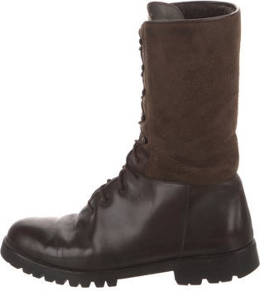Ferragamo Vintage Mid-Calf Combat Boots Brown Leather Leather Trim Round-Toes Lace-Up Closure at Uppers Designer