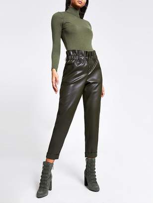 River Island Faux Leather Paperbag Button Trousers- Khaki