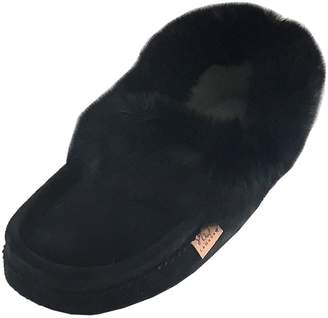 Laurentian Chief Men's Suede with Rabbit Fur Collar Soft Sole Moccasin Slippers