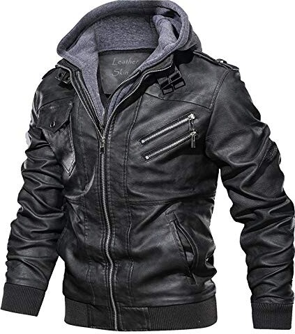 Leather Skin Men's Vintage Biker Black Leather Jacket Retro Zip-UP Stand  Collar Motorcycle Jackets with Removable Hood (Large) - ShopStyle
