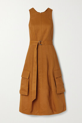 Tibi Cutout Linen-blend Twill Midi Dress - Brown