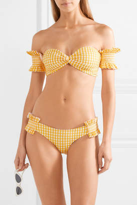 Caroline Constas Andros Off-the-shoulder Shirred Gingham Bikini - Yellow
