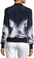 Thumbnail for your product : St. John Palm-Print Stretch-Silk Bomber Jacket, Navy/Bianco