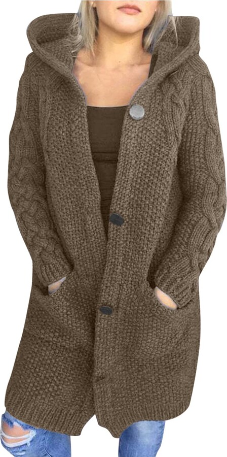 XUETON Women Hooded Open Front Cardigan Button Up Cable Knit