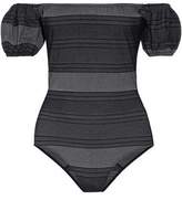Thumbnail for your product : Lisa Marie Fernandez Leandra Off-the-shoulder Striped Cotton-blend Denim Swimsuit