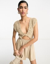 Thumbnail for your product : ASOS DESIGN crochet mix mini dress with tie detail in burnt sand