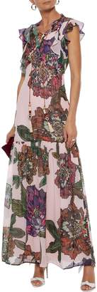 Badgley Mischka Lace-up Floral-print Crepe De Chine Maxi Dress