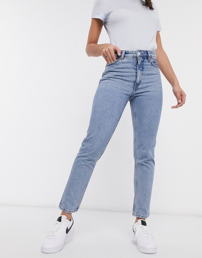 Monki Kimomo cotton high waist mom jeans in mid blue - MBLUE - ShopStyle