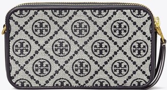 J2S T.O.R.Y B.U.R.C.H 82240 T Monogram Jacquard Double Zip Mini Bag in Navy  Woven Jacquard with Leather Trim - Women's Bag with Strap
