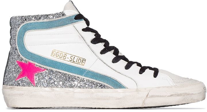 golden goose slide sneakers in silver laminated leather and glitter