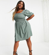 Thumbnail for your product : Vero Moda Curve organic cotton mini skater dress with puff sleeves in khaki