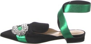 Giannico Satin Mules Green Semi-Pointed Toes with Crystal Embellishments Wrap-Around Straps | Giannico Satin Crystal Embellishments Mules in Green, Women's IT 36.5 | 6.5
