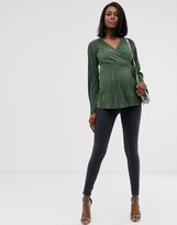 Thumbnail for your product : ASOS DESIGN Maternity wrap top in plisse with tie side in khaki