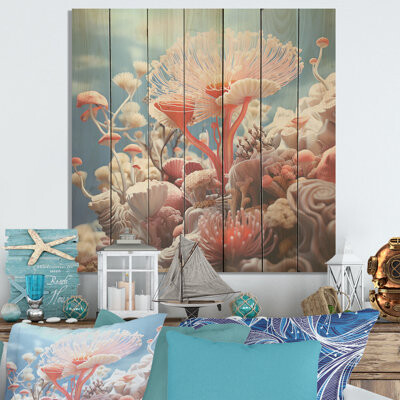 Highland Dunes Pink Coral Reef Explorations - Coral On Wood Print