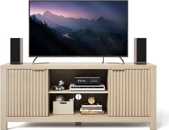 Jojoka ModernTVStandfor65inchTVsMid-CenturyOakEntertainmentCenterwithSlidingDoors2StorageCabinetsOpenShelvesLivingRoomandBedroom