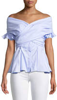 Thumbnail for your product : Jonathan Simkhai Wrapped Hook-Back Off-the-Shoulder Peplum Oxford Top