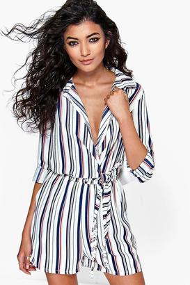boohoo Adelle Striped Shirt Style Tie Side Playsuit