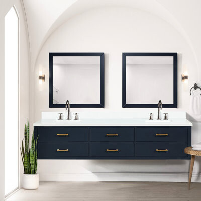 Hokku Designs Blue Double Bath Vanity 84 In. W X 22 D, Quartz Top, Faucet - Panels Cabinet 84" 22" D Bathroom With Top And Included Made