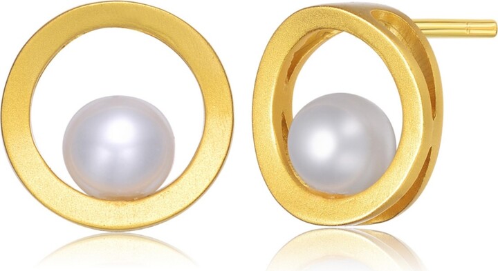 Genevive Sterling Silver 14k Gold Plated with Genuine Freshwater Round Pearl Stud Earrings