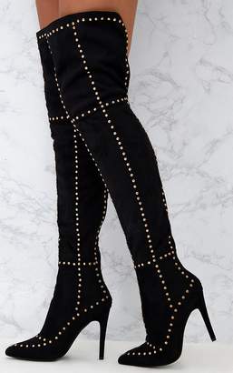 PrettyLittleThing Black Faux Suede Studded Thigh High Boots