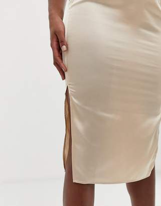 Missguided Petite Tall satin midi skirt with side split in beige