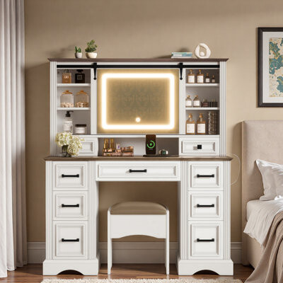 August Grove Farmhouse Makeup Vanity Desk With Sliding Mirror, Led Lights, 9 Drawers, Ample Storage And Storage Stool