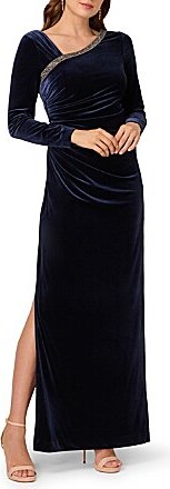 Velvet Asymmetrical Neck Long Sleeve Gown