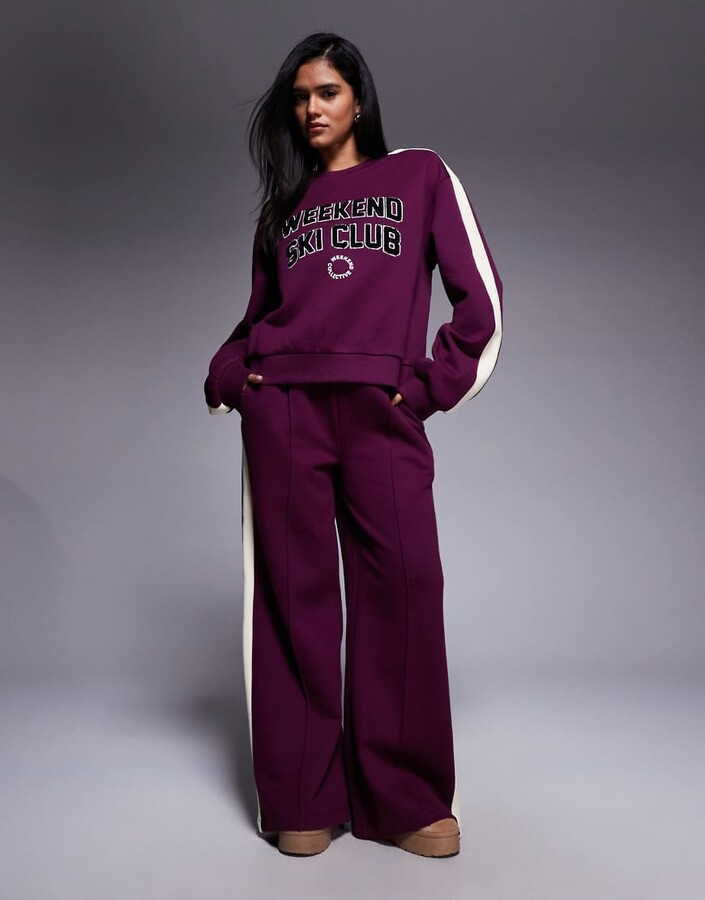 ASOS Weekend Collective Weekend Collective heavyweight straight leg sweatpants with ski club design in plum - part of a set