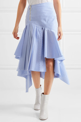 Off-White Ruffled Striped Cotton Midi Skirt - Light blue