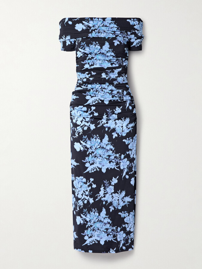 Carolina Herrera Off-the-shoulder Ruched Floral-print Stretch-jersey Midi Dress - Blue