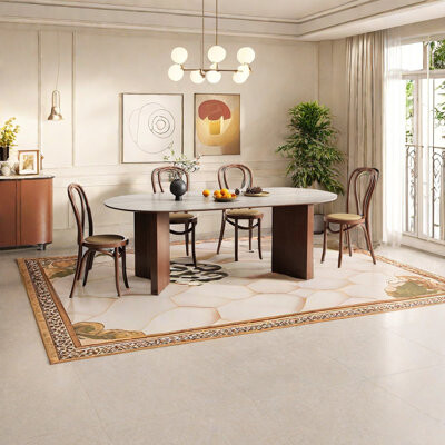 Beicang Home Retro Cream Rock Board Oval Wood Dining Table