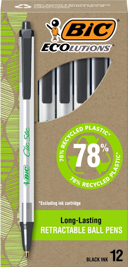 BIC Ecolutions Clic Stic Retractable Ballpoint Pen, Medium Point, 1.0mm, Black Ink, 12 Pack