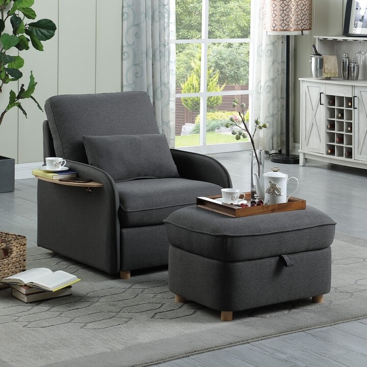 HOMEBAY Linen Accent Chair with Storage Ottoman and Folding Side Table
