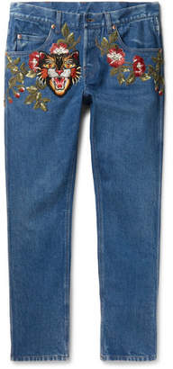 Gucci Slim-Fit Embroidered Denim Jeans