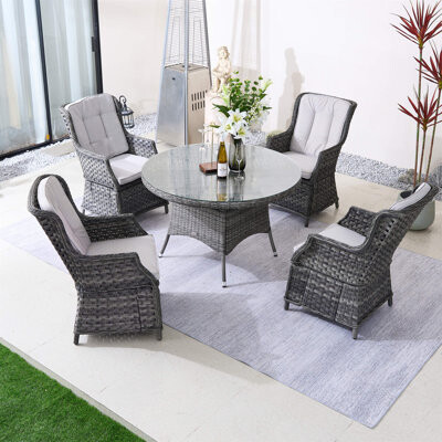 Red Barrel Studio Abrihome 5-piece Outdoor Dining Set With Round Table In Gray Pe Wicker And Cushions
