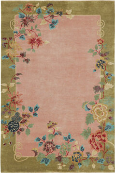 Rug & Kilim's Chinese Style Art Deco Rug In Pink & Green With Colorful Florals