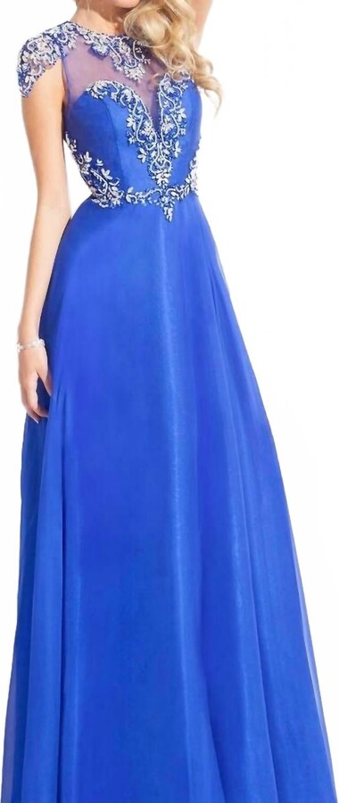 RACHEL ALLAN High Mesh Neck Beaded Chiffon Gown In Royal